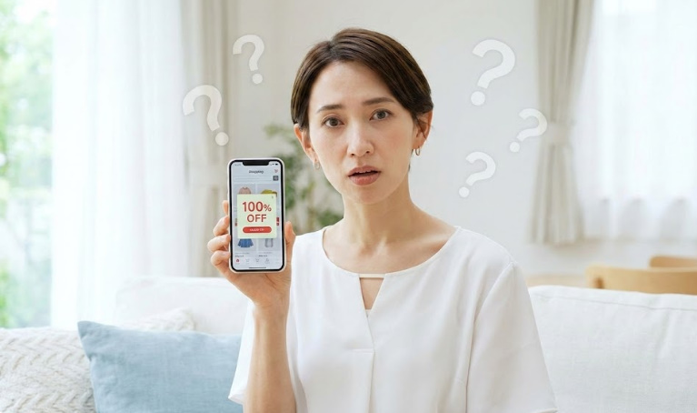 Temuの「100%オフ」表示を見て驚きと疑問の表情を浮かべる日本人女性とスマートフォン